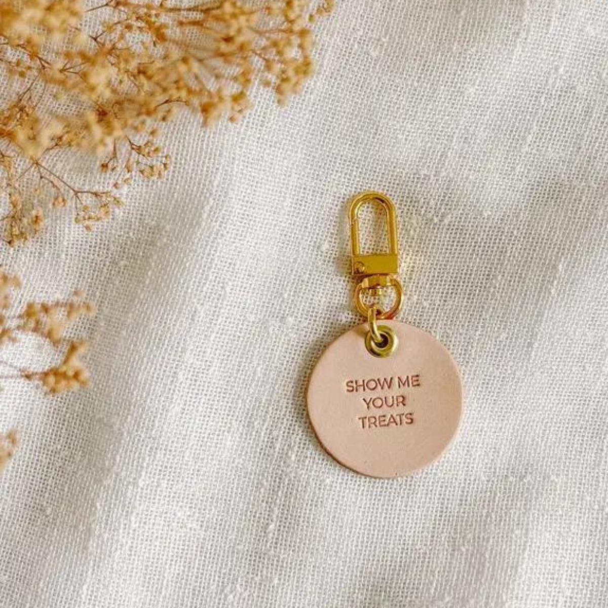 Vegetable tanned leather dog tag with brass hardware that says "Show Me Your Treats"