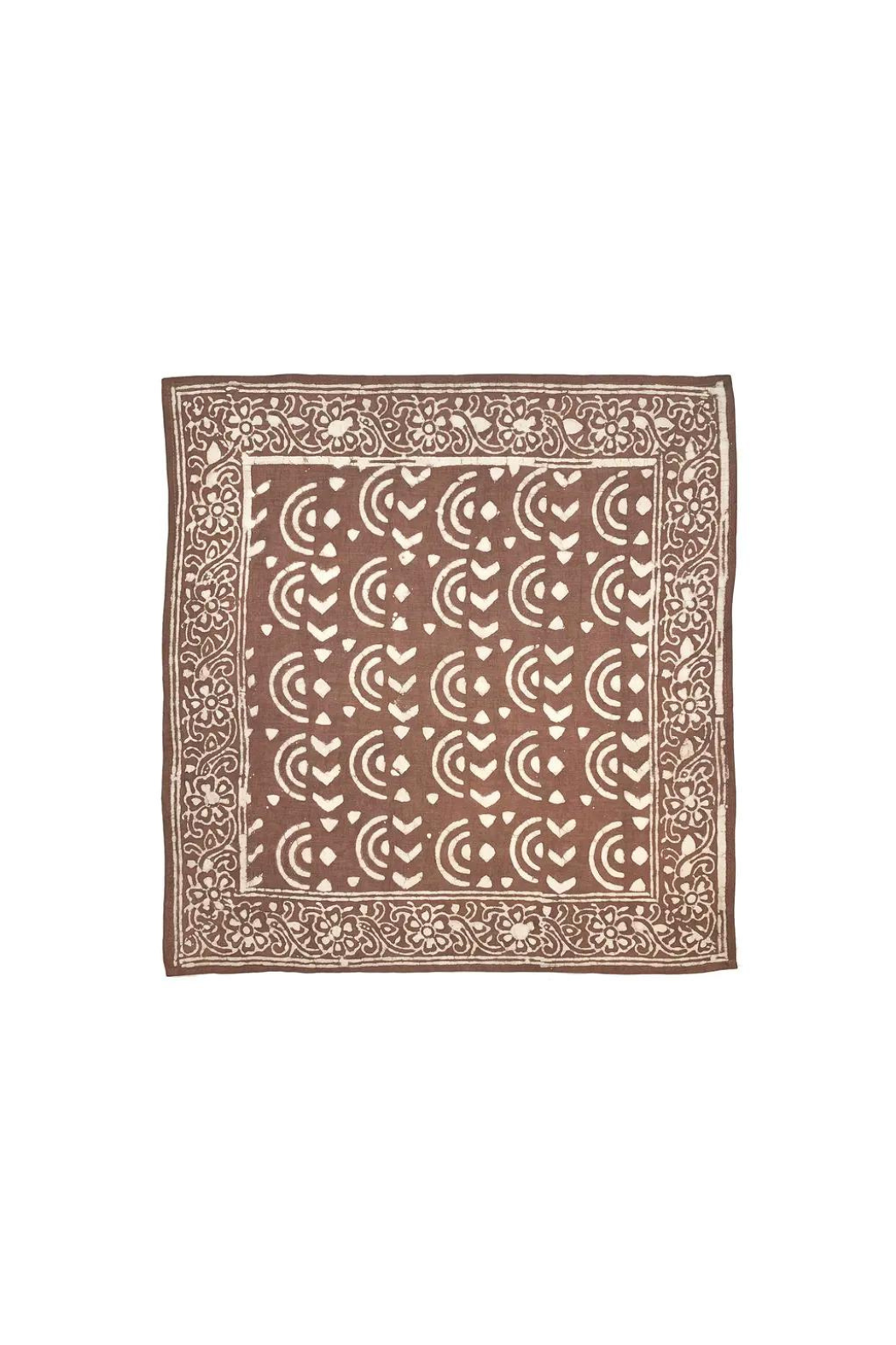 A brown bandana with half circle patterns and floral designs