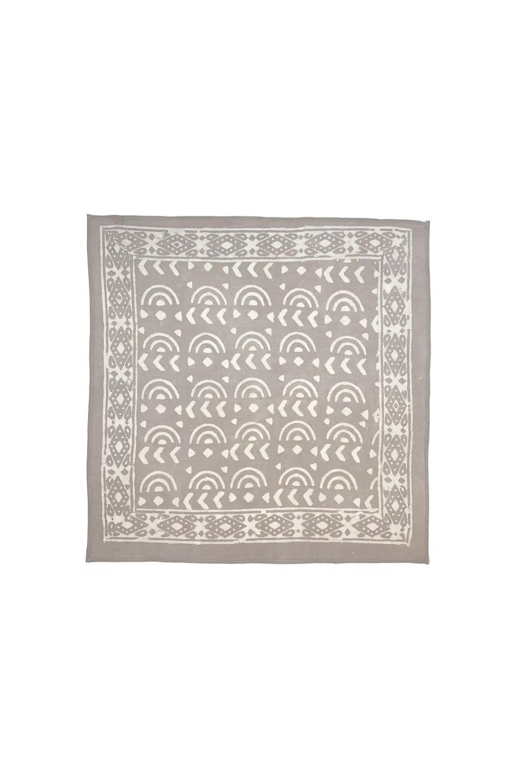 A taupe gray cotton bandana with a traditional hand-block print design laid flat.