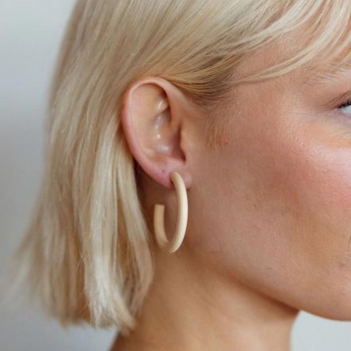 Light wood hypoallergenic hoop earrings handcrafted in Mexico