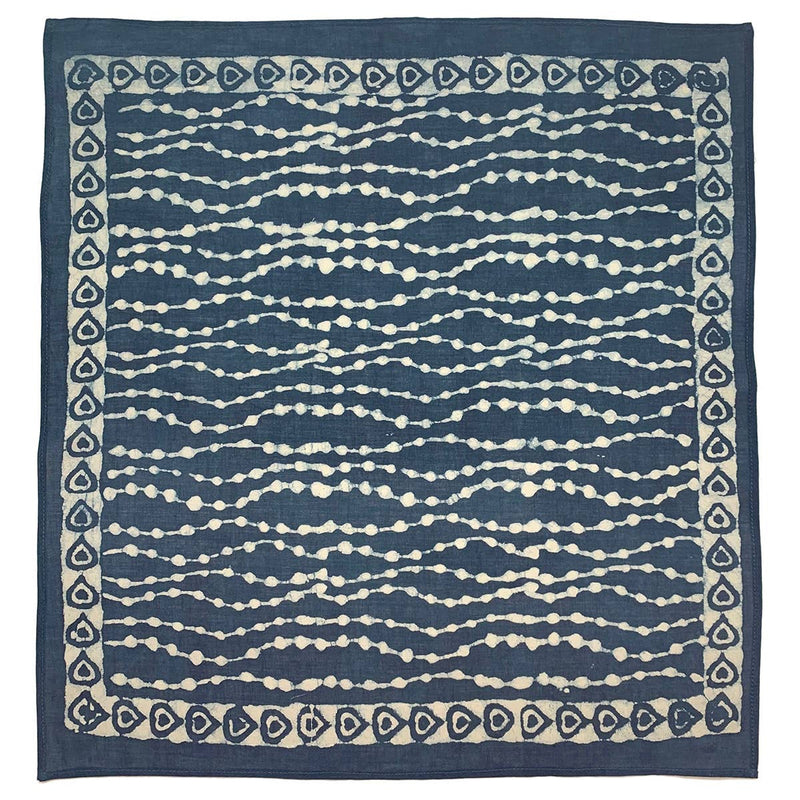 Block Printed Bandana - Navy Circle Stripes Teardrop Border