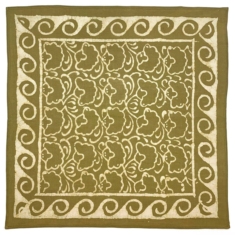 Block Printed Bandana - Olive Green Floral and Waves